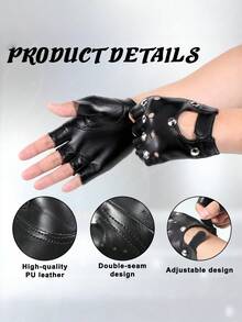 黑色皮质摩托车手套，哥特式露指手套（男女通用），露指舞蹈手套，蒸汽朋克复古朋克机车手套（成人男女通用） - 黑色 - 查看 3