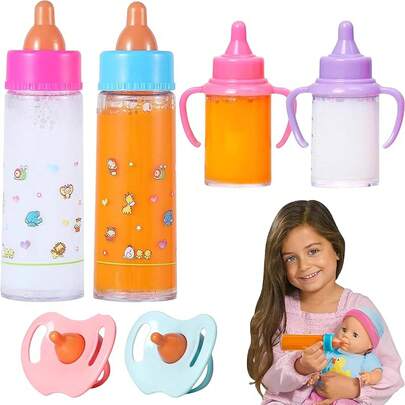 Juego de Biberones para Bebé, Accesorios para Muñecas para Niños, Biberones Mágicos de Muñecas de Muñecas de Bebé con 2 Chupetines, Botellas de Muñecas con Leche o Simulación de Jugo(6PCS)