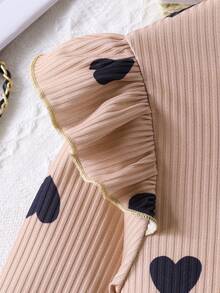 2pcs Girls Ribbed Heart Pattern Long Sleeve Top + Bow Decoskortts Set, Spring/Autumn - Apricot - View 3