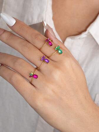1 Piece Set Of Colorful Zirconia Pineapple Open Ring, Gold Adjustable Ring With Gemstone Inlay Details, Is A Fashionable Jewelry For Women, Perfect For Spring Styling, Daily Wear, And Seasonal Fashion Occasions