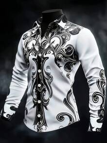 Men's Retro Geometric Print Long Sleeve Button-Down Shirt, Gothic Style Casual Formal Shirt, Suitable For Halloween, Vacation, Daily Wear, Spring & Autumn - Black and White - View 7