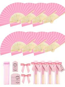 Vintage Bamboo Hand Paper Fan With Gift Bag - Pink Folding Hand Fan, Suitable For Weddings, Parties, Home Decor And DIY Crafts - Elegant Wooden Design, Also Suitable For Churches, Dance Events, Gifts, Party Decorations, Decorative Fans, Natural Wood Grain Surface - Multicolor - View 1