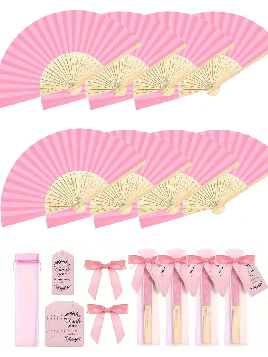 Vintage Bamboo Hand Paper Fan With Gift Bag - Pink Folding Hand Fan, Suitable For Weddings, Parties, Home Decor And DIY Crafts - Elegant Wooden Design, Also Suitable For Churches, Dance Events, Gifts, Party Decorations, Decorative Fans, Natural Wood Grain Surface - Multicolor - View 1