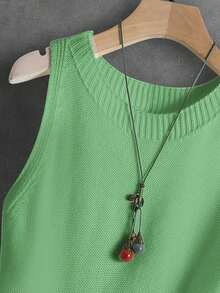 Áo vest dệt kim nữ, kiểu dáng giản dị, phong cách retro Pháp, màu trơn, dễ phối đồ hàng ngày, áo dệt kim ngắn không tay, thích hợp cho mùa xuân và cả mùa hè. - màu xanh lá - Xem 5