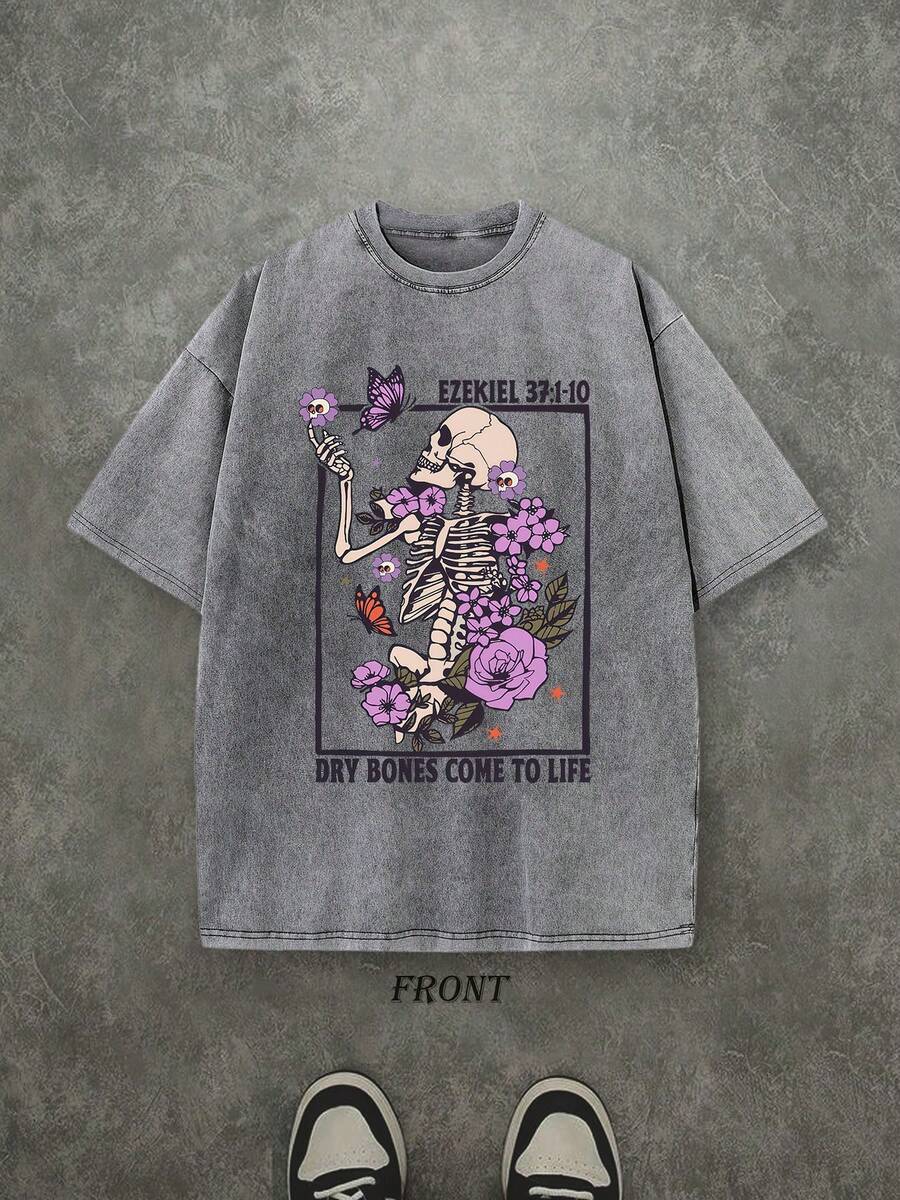 Dry Bones Come To Life Washed Christian Shirt, Christian Scripture T-Shirt, Vintage Retro Washed Shirt Single-Sided Printed (230 Heavyweight Pure Cotton T-Shirt)  High Quality Christian T-Shirt, Christian Gifts, Men's And Women's Shirts, Comfortable, Fashion Christian Shirt, Street Style Pure Cotton Fall Shirt - 灰色 - 查看 1