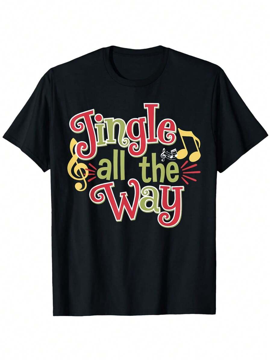 Camiseta de Navidad 'Jingle All The Way' para niños y niñas - 100% suave y transpirable, camisetas familiares a juego con diseño de notas musicales y campanillas, lavable a máquina y atuendos navideños para práctica de canto y fiestas, camiseta casual de cuello redondo para todas las estaciones, ropa festiva, ropa de temporada, top alegre de temporada, ropa para niños, camiseta gráfica para niños, ropa para adolescentes, ropa para niños mayores, camiseta Winnie, regreso a clases, camisa para niño, camiseta para niño, camiseta para niño, camisa para niño - Negro - Ver 1