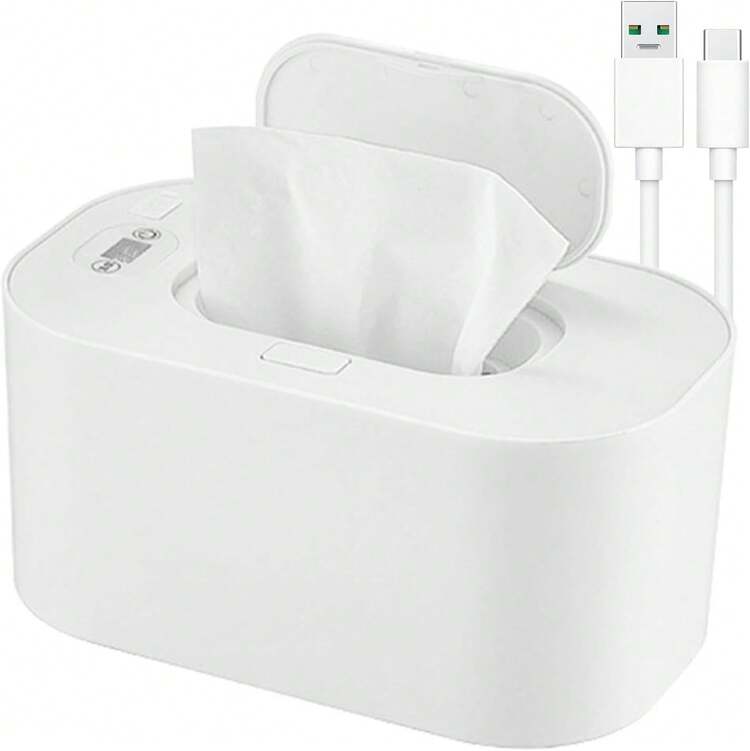 Calentador de toallitas y dispensador para bebé, calentador de toallitas portátil con dispensador universal, toallitas con calefacción a temperatura cómoda, para bebé en casa/viaje, carga USB, decoraciones familiares y regalos para baby shower,Blanco - Blanco - Añade 8