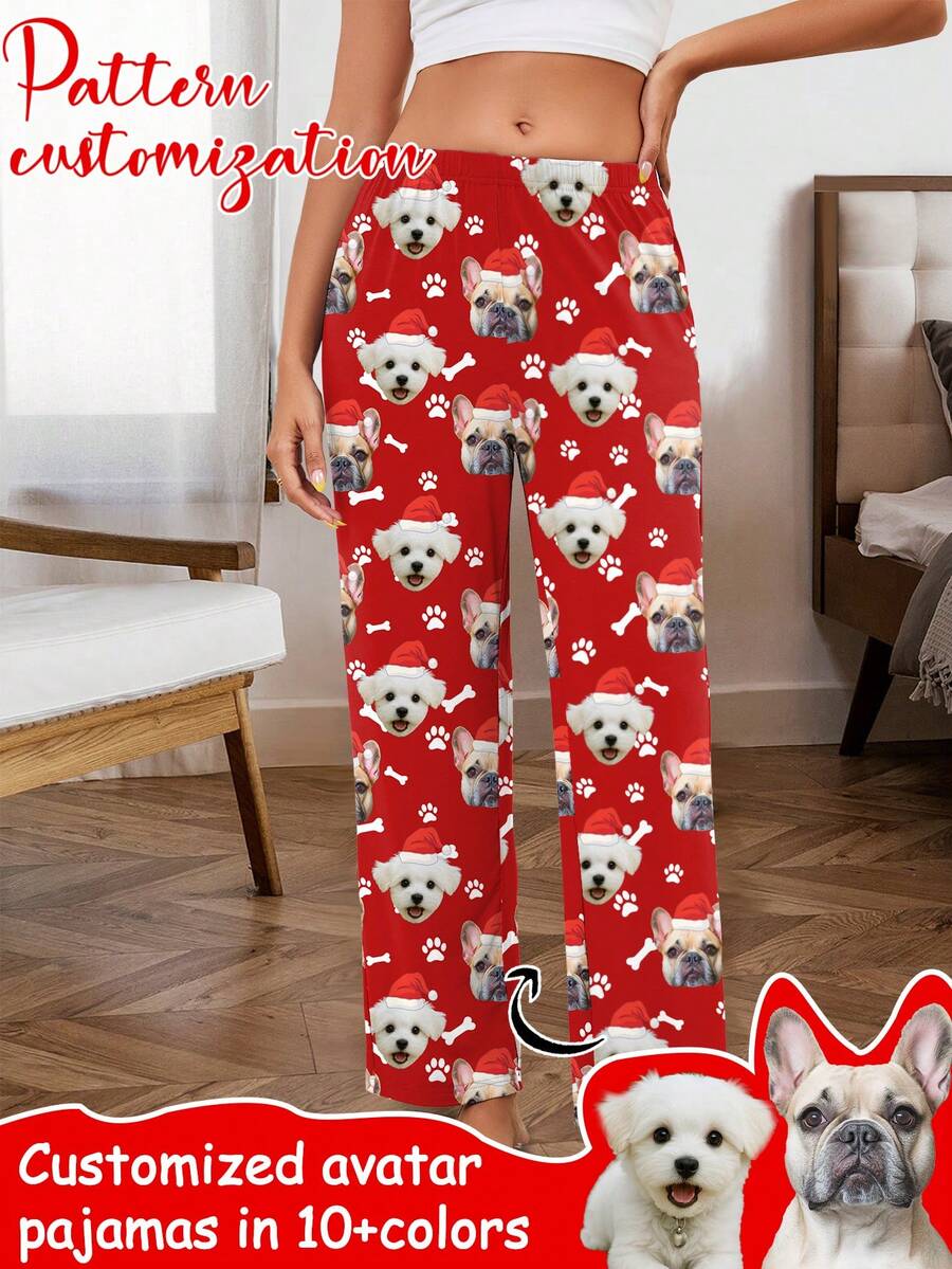 Printstory Custom Women Pajama Pants With Unique Couple Photo, Celebrity Or Pet Face Replacement, Festive Design For Christmas And Holiday Seasons