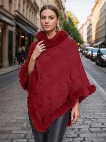 1pc Women Loose Knit Poncho Sweater With Fur Collar, Thick Outerwear Cloak Top