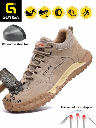 GUYISA 时尚绒面拼接安全鞋，欧盟标准钢头防砸防刺穿。舒适柔软的橡胶鞋底，适合男士全年工作鞋