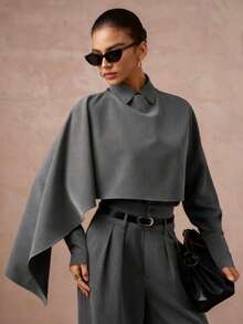 Glitzy Holiday Party Blouse, Bohemian Outdoor Layered, Wedding Season Formal Attire, Adult Ceremony Suit With Cape Sleeves, Modern Monochrome Women's Gray Shirt, Luxury Ball Gown For Halloween, Christmas, New Year Spring - Grey - View 3