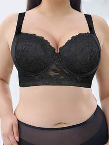 Plus Size Women Black Seamless Lace Gather Bra - Prevents Sagging, Breathable, Versatile, Comfortable For Autumn & Sexy Halloween - Black - View 4