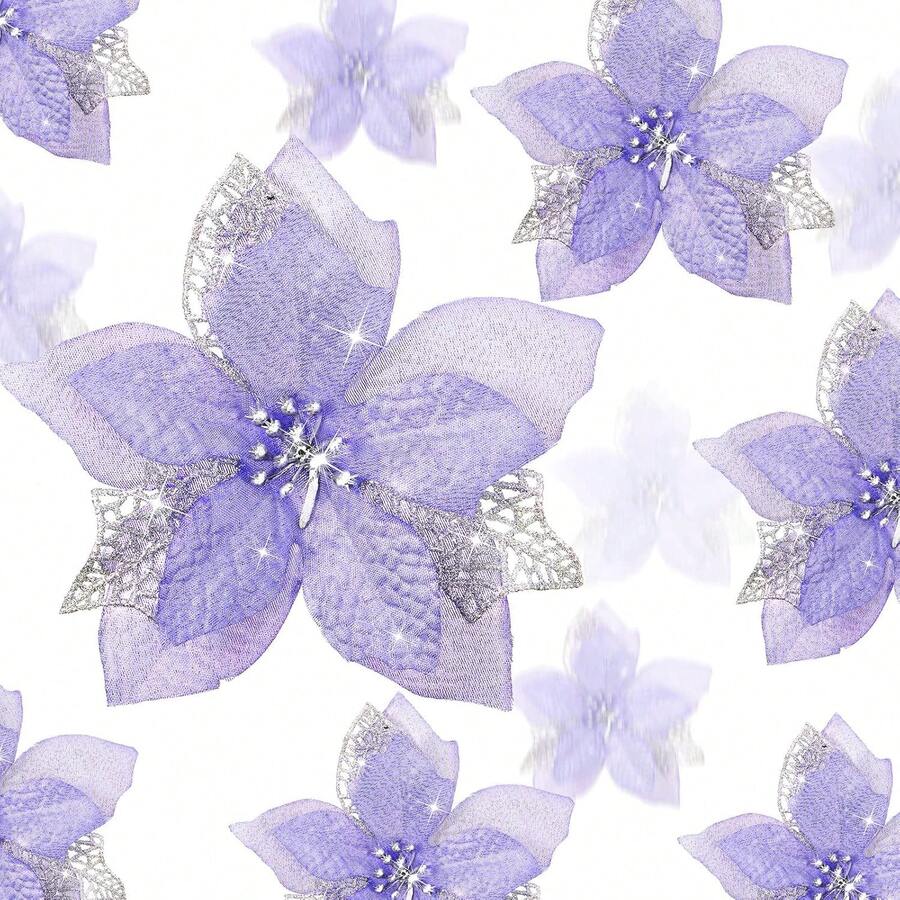 24 Pieces Christmas Artificial Glitter Poinsettia Flowers Xmas Flowers Wedding Christmas Tree New Year Ornaments(Light Purple),26173580 - 紫色 - 查看 1