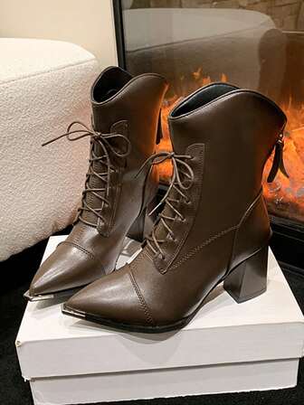 2025 高品质热销秋季新款系带撞色优雅踝靴女款粗跟尖头秋冬时尚短靴，纯色通勤优雅系带后拉链派对靴