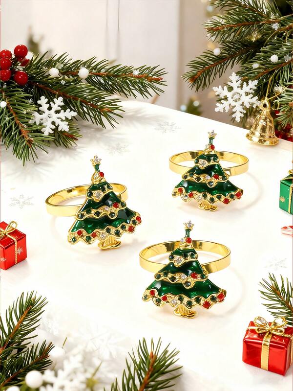 2-12 pièces Anneaux de serviette d'arbre de Noël de luxe, fabriqués avec une technique d'émail exquise, en matériau d'alliage de haute qualité, convenant pour les mariages, les anniversaires, les banquets, les fêtes en plein air pendant les vacances, la décoration de table de salle à manger quotidienne, de beaux accessoires pour célébrer Noël
