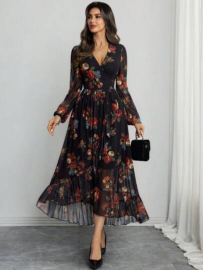 فستان نسائي أنيق وجذاب بأكمام طويلة على شكل بوق رومانسي ذو طبقتين غير متماثل الطول، مناسب للمناسبات اليومية والمهرجانات والعطلات.