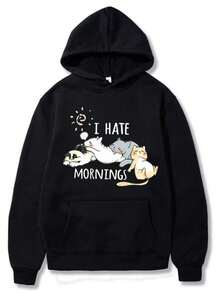 Sudadera con capucha informal con estampado de gatito de talla grande para mujer, para uso diario en casa, estilo deportivo sencillo. - Negro - Ver 2