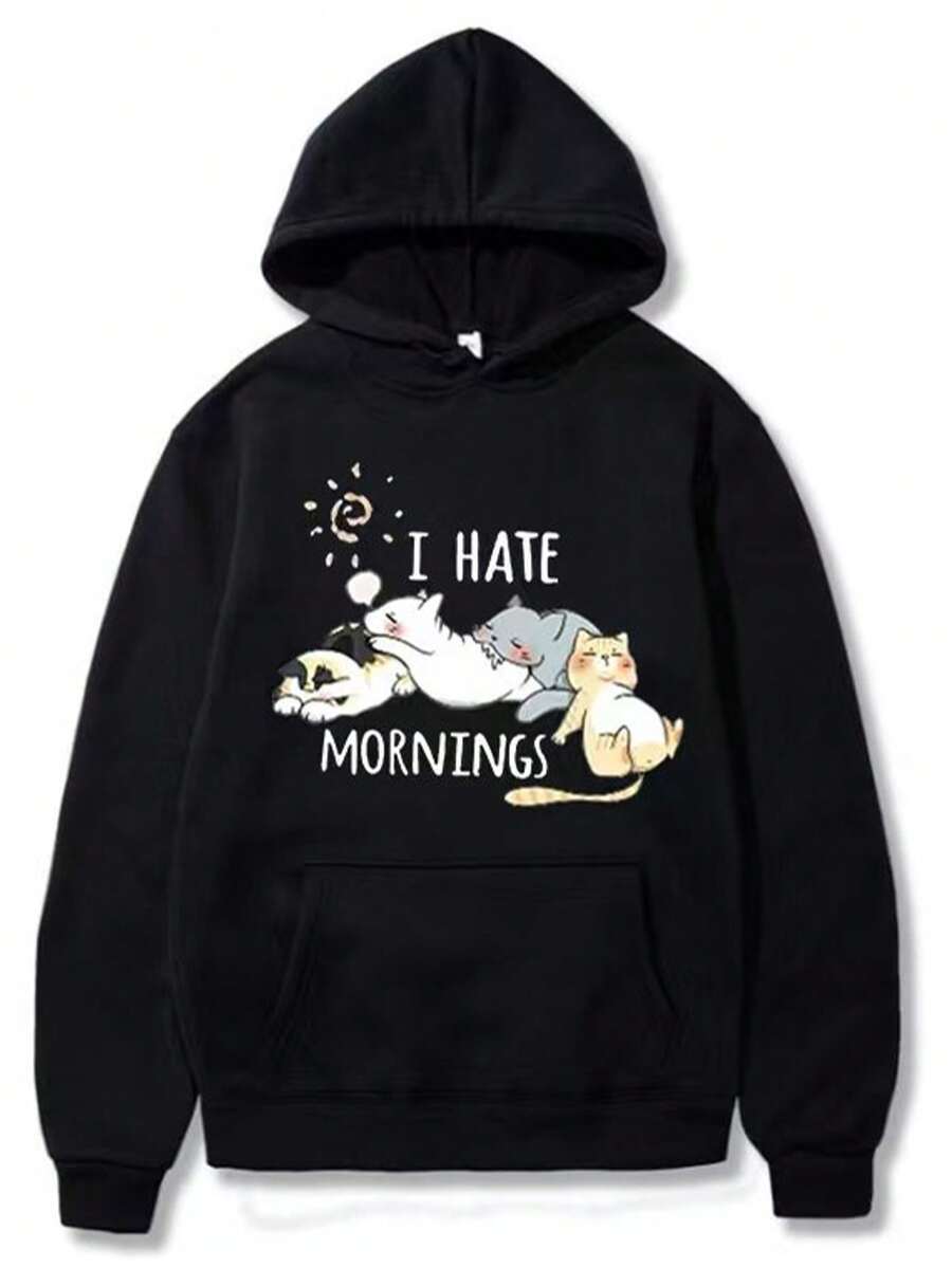 Sudadera con capucha informal con estampado de gatito de talla grande para mujer, para uso diario en casa, estilo deportivo sencillo.