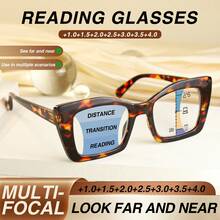 1pc Fashion Large Frame Multifocal Reading Glasses, 2-In-1 Progressive Lens, Classic Black & Leopard Print Elements, Flexible Spring Hinges For Comfortable Fit, Elegant Ladies Bifocal Glasses For Daily Office Reading