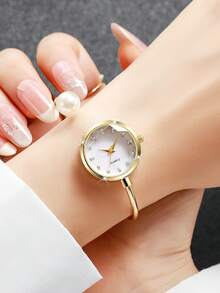 女士珍珠手链腕表，精致简约水钻镶嵌表盘，石英模拟腕表，百搭 - 金色 - 查看 2