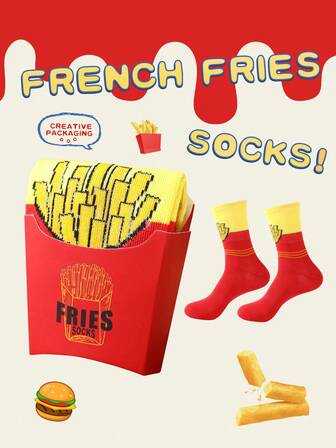 1双薯条图案袜子，适合日常生活和户外运动，高品质加厚秋冬男士袜子，趣味几何图案印花女士中筒袜，独特的节日披萨礼盒套装设计长袜，适合万圣节/圣诞节/生日派对/情人节/周年纪念日及各种节日创意礼物，送给朋友/家人/爱人的趣味惊喜袜子