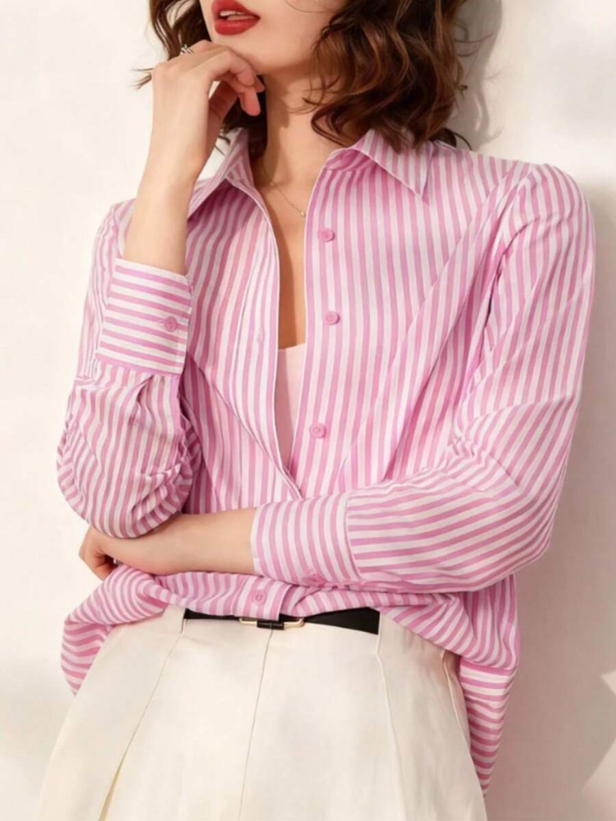 优雅条纹宽松衬衫，通勤风格字母刺绣翻领长袖衬衫，春夏秋季