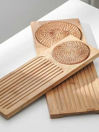 Juego de bandejas de bambú natural con almohadillas de ratán - Bandeja para juego de té y bandeja de servir pasteles, perfecta para uso en el hogar y cafetería, esencial para decoración y comedor, versátil bandeja de bambú