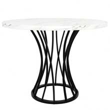 Round Dining Table (76cm), Kitchen Table, Round Coffee Table For 4-6 People, Suitable For Dining Room, Living Room, Metal Table Legs, Geometric Legs, Black Legs - 黑色+MDF+金屬 - 查看 10