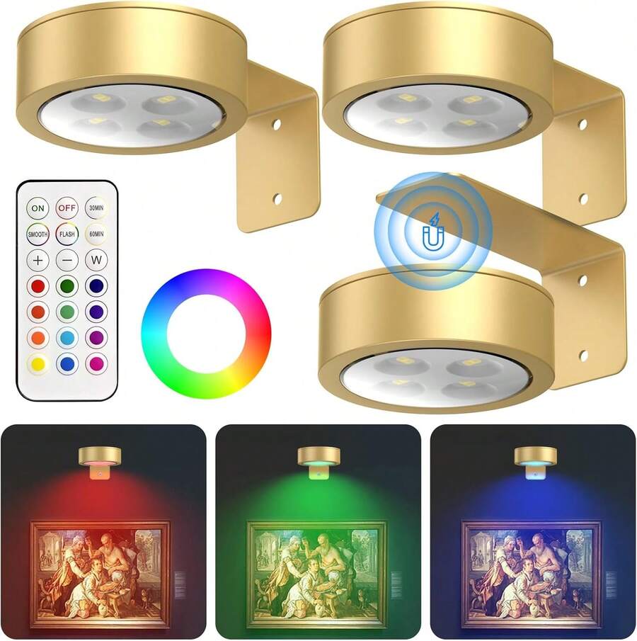 HORKEY Lámpara para Cuadros Paquete de 3, 13 RGB Color Led Magnético para Cuadros de Arte, Lámpara de Pintura Inalámbrica con Mando a Distancia, Decoración de Pared para Fiestas (Dorado-RGB) - Negro-RGB - Ver 1