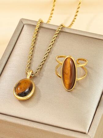 2pcs Stainless Steel Gold Twisted Chain Necklace With Brown Tiger Eye Pendant, 45cm Length, And Rhombus Tiger Eye Adjustable Ring Set, Women Jewelry Suit For Daily Decoration Or Gift