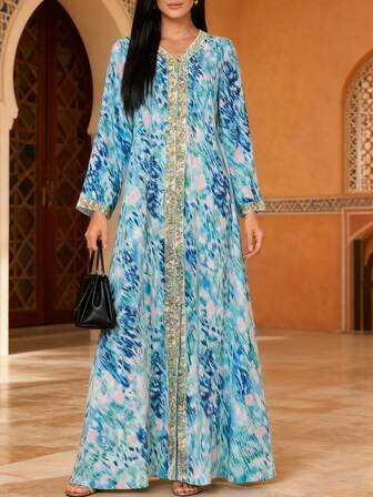 Women's Muslim Printed Robe, Patchwork Embroidery Lace V-Neck Long Sleeve, Arabic Dubai Style Abaya
