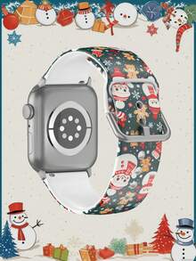 1 pieza Correa de reloj de silicona de estilo casual y de colores variados compatible con Apple Watch Ultra Series SE/11/10/9/8/7/6/5/4/3/2/1, de 38mm, 40mm, 41mm, 45mm, 44mm, 42mm, 46mm, 49mm, con fondo verde de Navidad y muñeco de nieve con gorro rojo, suave, elástica y cómoda