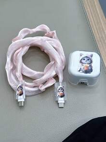 4er Set (1 Stück Ladegerätschutz + 2 Stücke Anti-Quetsch Datenkabel + 1 Stück funkelnder Diamant-Mesh-Kabelschutz), Datenkabel & Ladegerätschutz Set mit bemaltem Katzenmuster beim Milchtee trinken, geeignet für 20W UK Apple Schnellladegerät