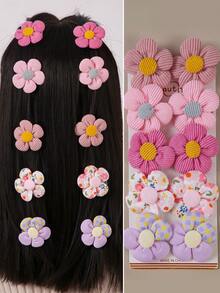 10pcs Kids Girls Solid Color & Floral Fabric Flower Hair Clips, Corduroy Hair Barrettes, Daily Use Hair Accessories