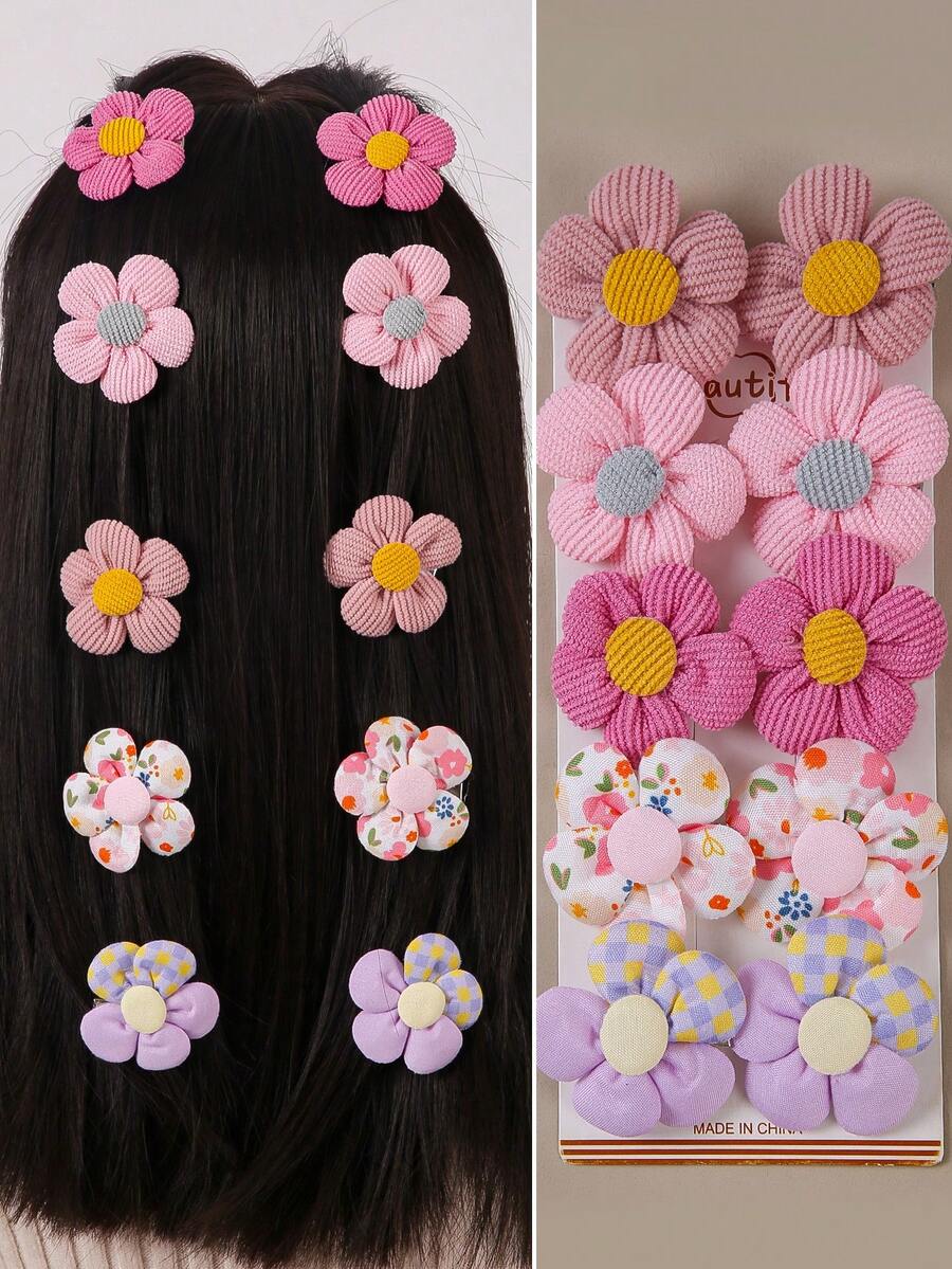 10pcs Kids Girls Solid Color & Floral Fabric Flower Hair Clips, Corduroy Hair Barrettes, Daily Use Hair Accessories