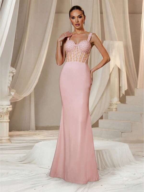 NIKBK Blush Pink Sweetheart Spaghetti Strap Maxi Dress - Sheer Mesh Corset Bodice Adorned With Pearl & Bead Embellishments, Bodycon Mermaid Skirt, Floor - Sweeping Hem | Elegant Formal Gown For Evening Galas, Prom Nights, Wedding Receptions & Black - Tie Occasions