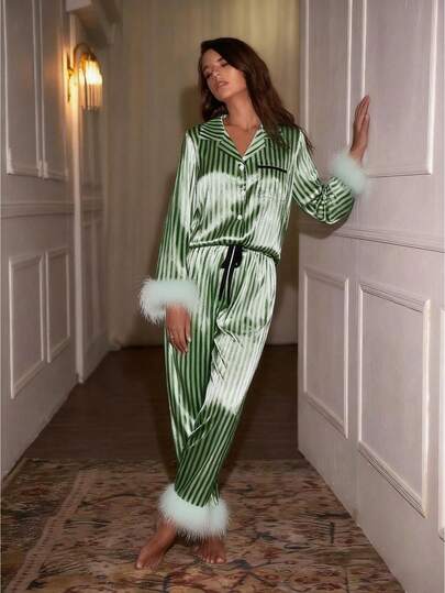 Women's 2 Piece Satin Lounge Set Long Sleeve Lapel Stripe Print Shirt Pants Sleepwear