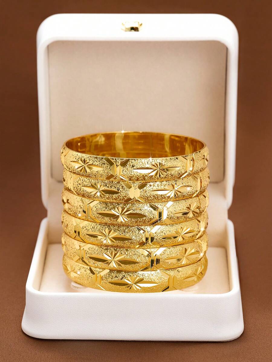 1/3/6 Stücke sandfarbenes, exquisites, handgefertigtes, glänzendes, oktagonales, diamantgeschliffenes, wunderschön vergoldetes 24 Karat Gold 10mm breites Armband, geeignet für Frauen, ohne Verpackungsbox - Gold - Übersicht 1