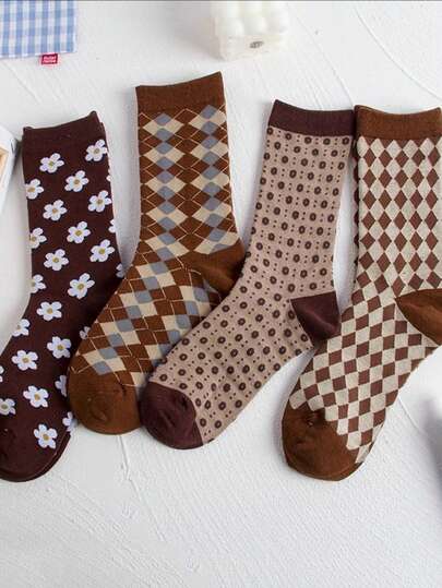 5 par damskich skarpetek letnich i jesiennych, modnych, miękkich, w stylu retro, w kolorze kawy, z uroczym małym wzorem kwiatowym
