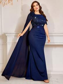 Đầm maxi dáng đuôi cá xếp ly 3D bằng chiffon đính sequin và ren hoa, tay áo dài, thích hợp cho khách dự đám cưới, dạ hội, sinh nhật, lễ hội, tốt nghiệp và các dịp lễ tết. - Màu xanh hải quân - Xem 1