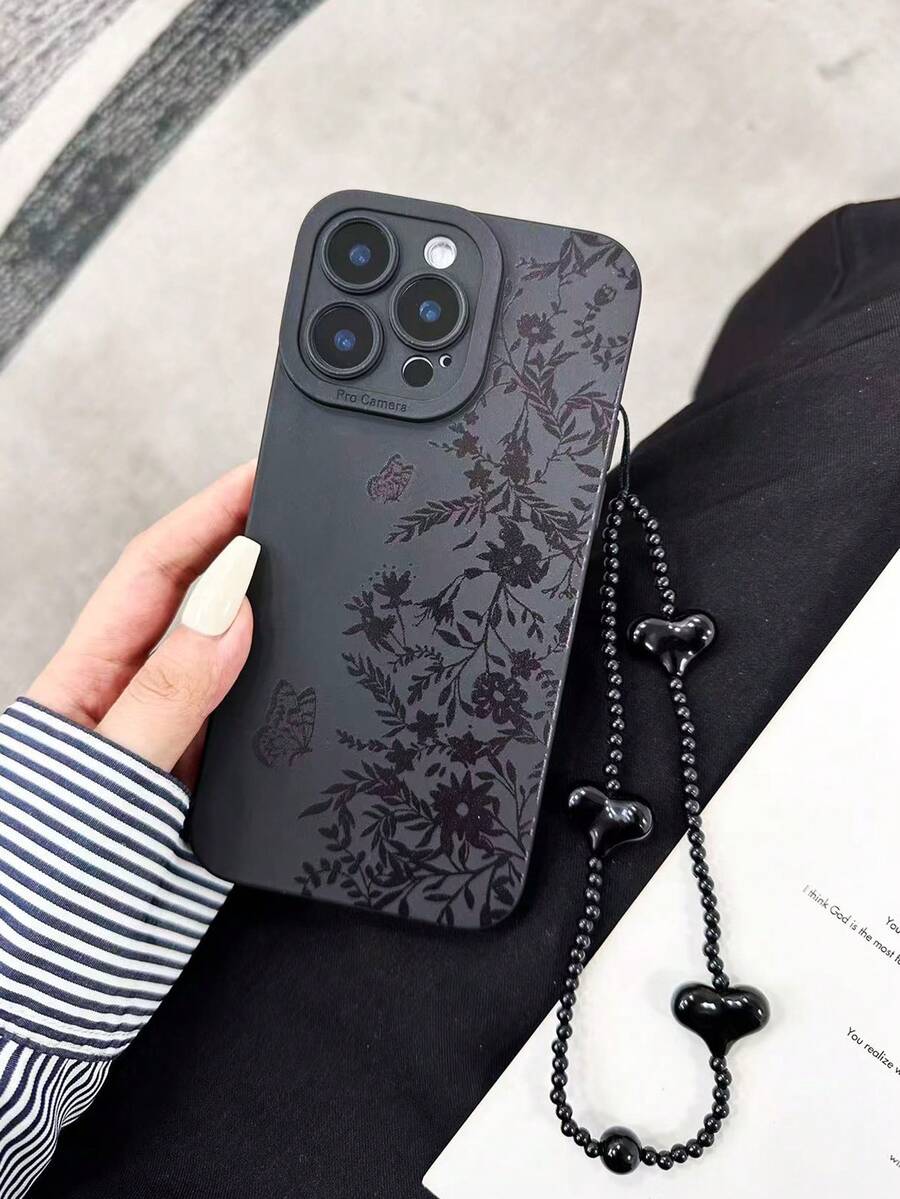 直边穿孔黑色线条花卉蝴蝶彩绘防摔手机壳，兼容 17 Pro/17 Air/17/17 Pro Max/16/11/16 Pro/16 Plus/16 Pro Max/16 e/15 Pro Max/13/14/12/XS/XR/7G/8P，兼容三星 Galaxy 11/12 Pro/12/12 X/13 Pro/14 Pro/15 Pro，兼容 Redmi 10/9/Note9/12c/Note11 Pro/Note8 Pro