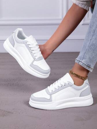 男女通用休闲运动鞋，情侣鞋，尺码36-45，白灰撞色男鞋，秋季新款女士小白鞋，男士平底低帮鞋，户外滑板鞋，轻便透气时尚女士平底鞋，舒适日常休闲男士户外步行鞋