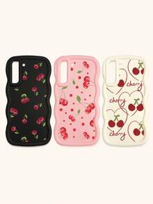 Estuches de teléfono con textura ondulada creativa de 3 piezas en colores blanco, rosa, negro y blanco lechoso con diseño de cerezos, resistentes a golpes, compatibles con y Galaxy, como regalo de primavera, versión internacional, no la versión nacional - Multicolor - Ver 46