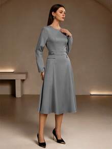 Váy dài tay trơn màu đơn giản thanh lịch dành cho nữ - Thu đông, eo chữ nhật khóa cài (thắt eo), dáng chữ A midi, viền xòe, phù hợp mặc hàng ngày, công sở và dự lễ tốt nghiệp - Màu Xám nhạt - Xem 6
