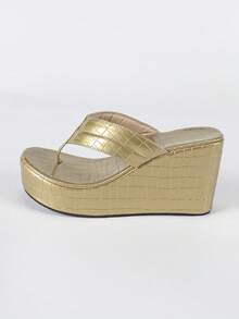 女士厚底坡跟凉鞋，新款春夏圆头金色人字拖，时尚压纹棋盘格厚底休闲度假鞋，百搭大码女鞋，金色坡跟凉鞋，适合休闲和派对穿着 - 金色 - 查看 7