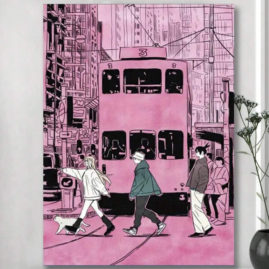 Framed-Chic Pink Cartoon Cross Street Canvas Art Print - Decorate The Walls Of Living Rooms, Bedrooms And Home Offices - 框架 - 查看 1