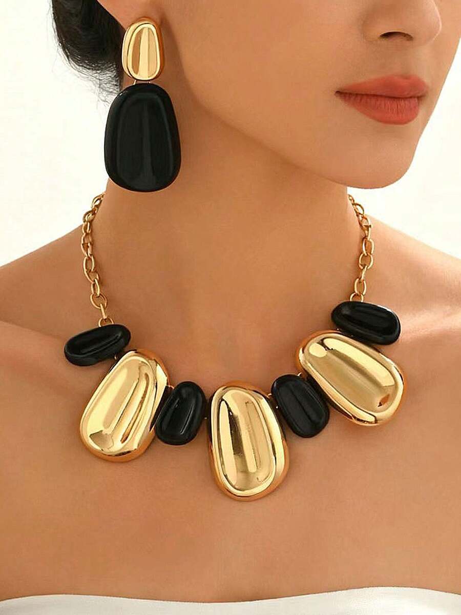 2pcs Fashionable Luxury Retro Gold & Black Asymmetrical Geometric Necklace & Earrings Set, Suitable For Women's Party, Banquet, Ball Attire, Stylish & Elegant Jewelry Gift Set - Set - View 1