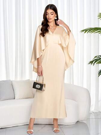 Solid Color Deep V-Neck Cape Sleeves Slim Fit Maxi Dress,Eleganced,Women Dresses