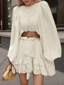 春秋季女装大码连衣裙，纯色荷叶边纽扣短裙，新年女装，情人节女装 - 黃色 - 查看 5