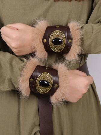 2件套中世纪维京骑士腕带天鹅绒仿毛皮护腕PU皮革海盗手套护腕哥特式角色扮演服装